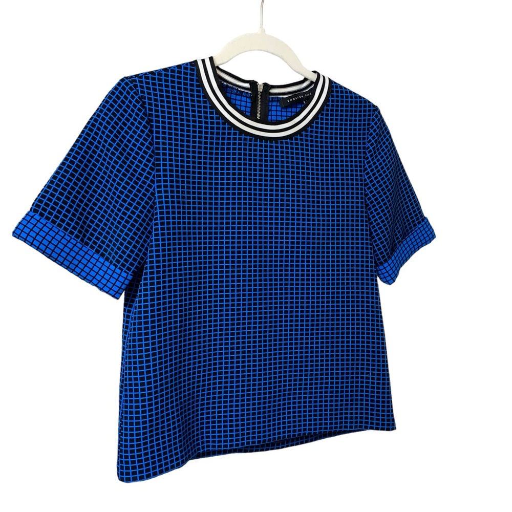 English Factory blue black thick structured checkered print boxy Top size small - Picture 5 of 12